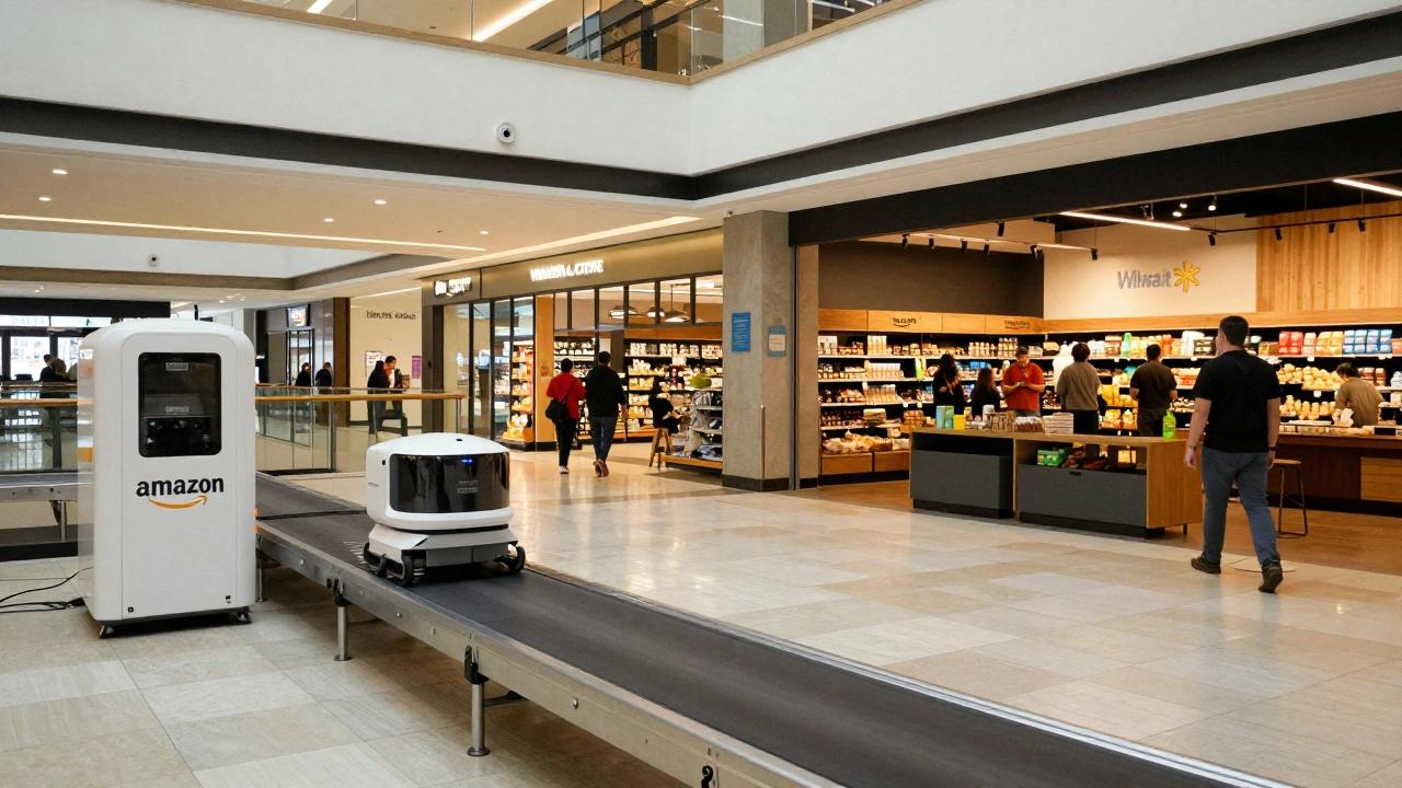 Repurposed mall with grocery store, drone hub, and community center, showing adaptive reuse of retail space.