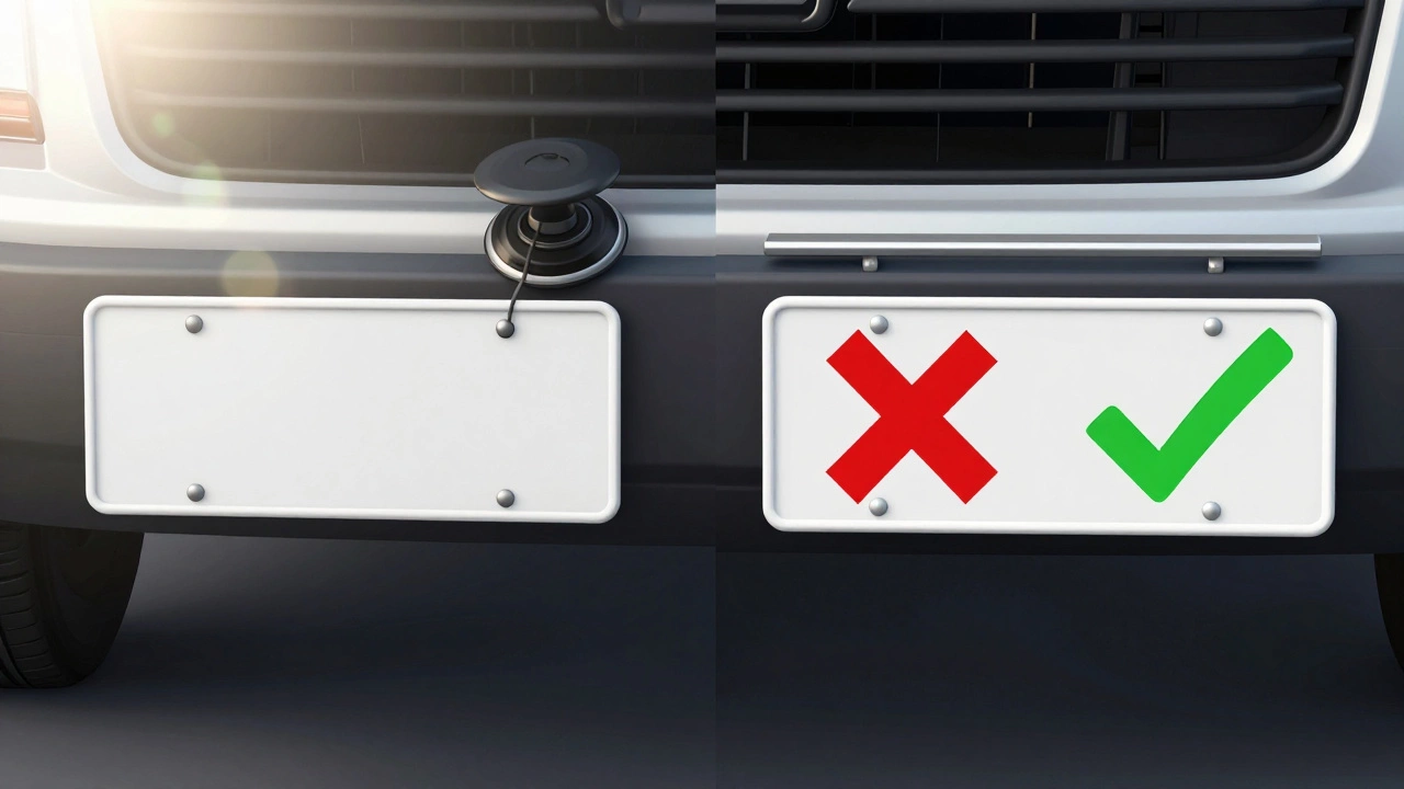 Split image comparing illegal dashboard plate placement versus proper front bumper mounting.