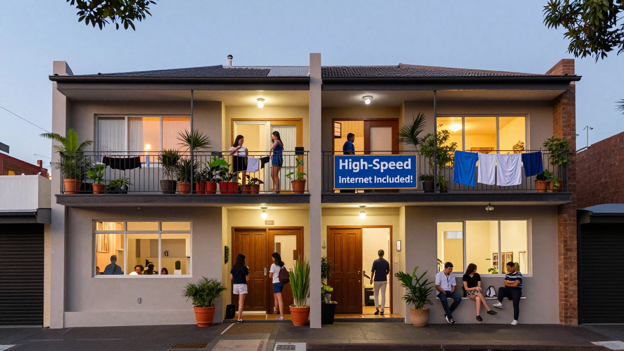 A converted multi-unit building housing students and young professionals, with balconies, laundry, and signage for amenities.