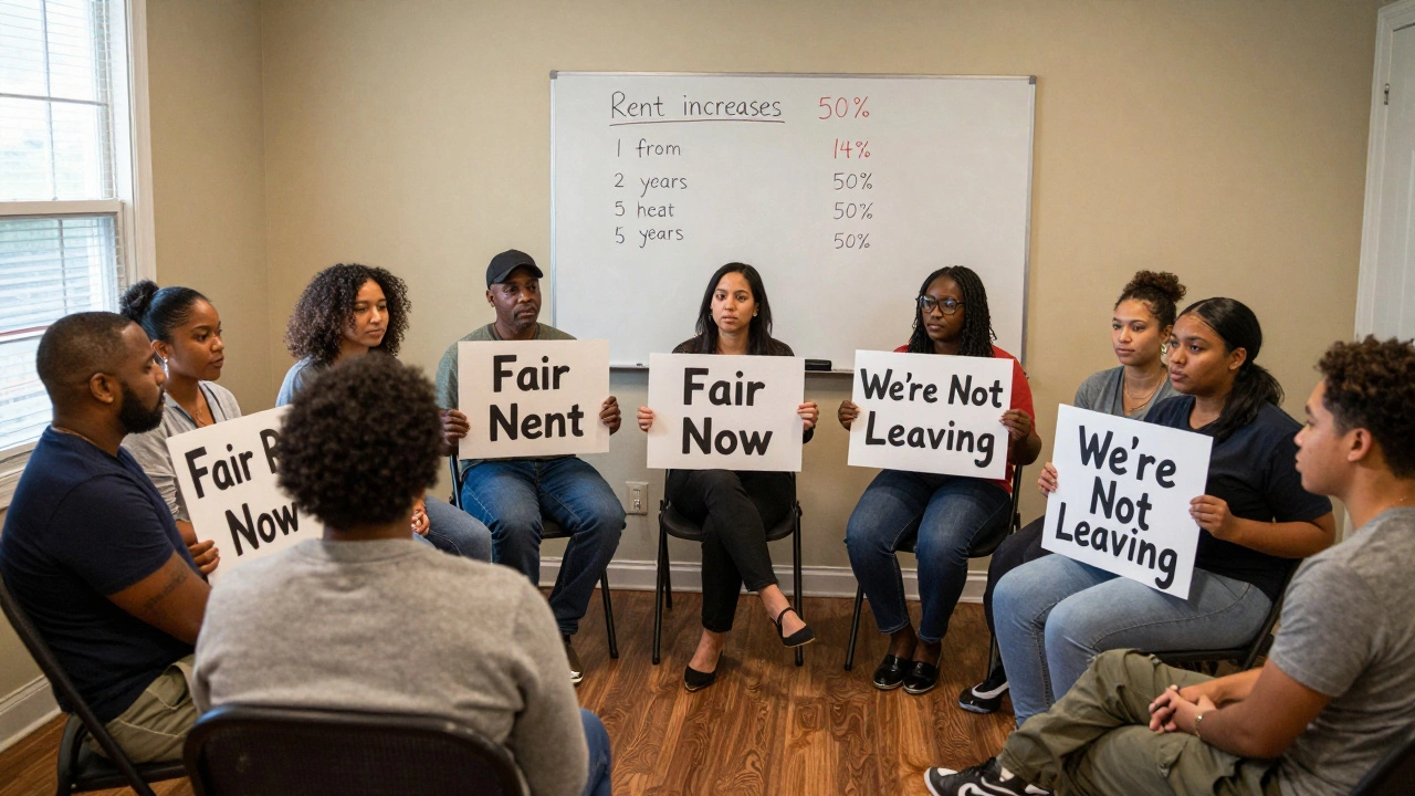 A group of tenants in Virginia gathering to protest unfair rent hikes.