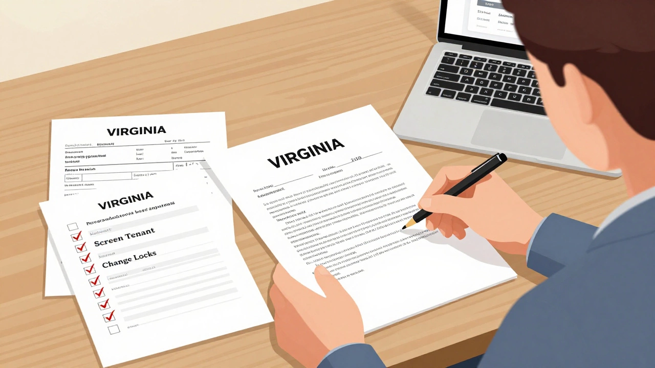 A landlord reviewing a lease agreement with rental documents and a checklist on a desk.