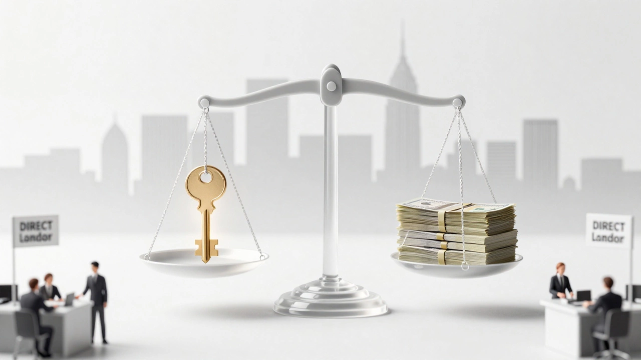 A scale balancing a key against cash, symbolizing the choice between paying fees or renting directly.