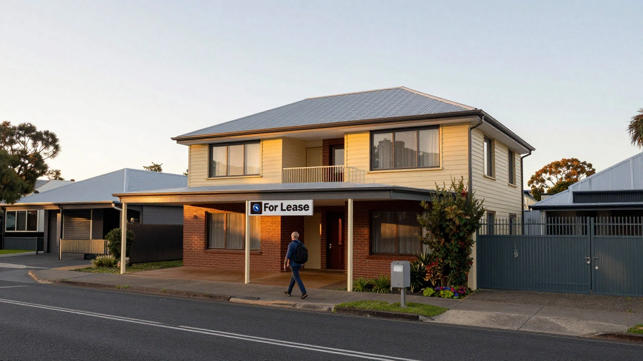 A spacious regional home for rent near a train station, with a commuter walking toward it at dawn, symbolizing remote work migration.