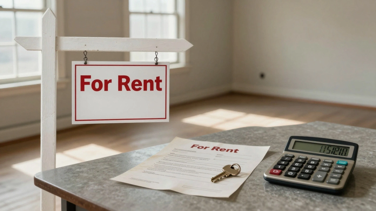 An empty rental unit with a 'For Rent' sign and a faded lease on the floor.