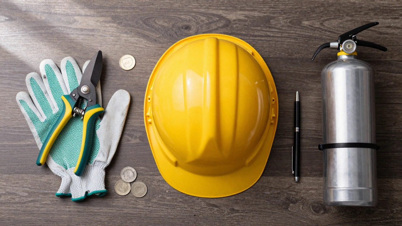 Construction helmet and tools arranged on a dark desk surface