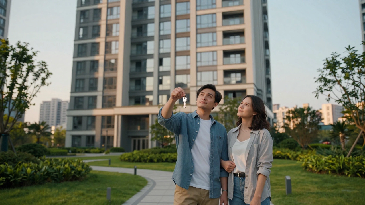 Couple holding keys outside modern high-rise residential building.