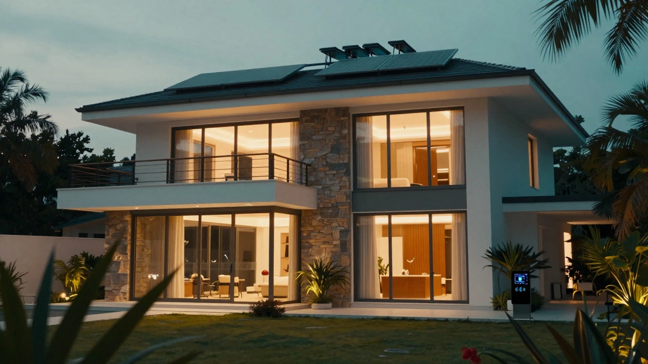 Luxury modern villa with solar panels and warm interior lighting.