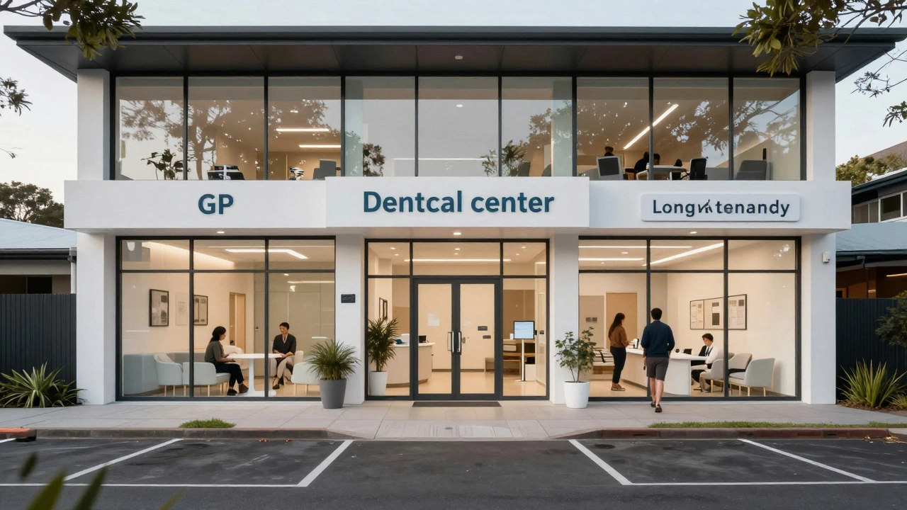 Medical center with three clinic entrances in a suburban area, patients entering calmly.