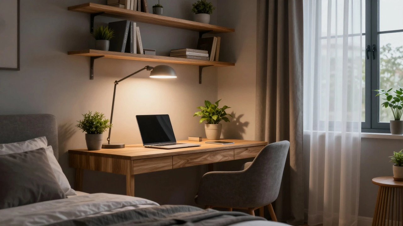Second bedroom converted into home office with desk and plants.