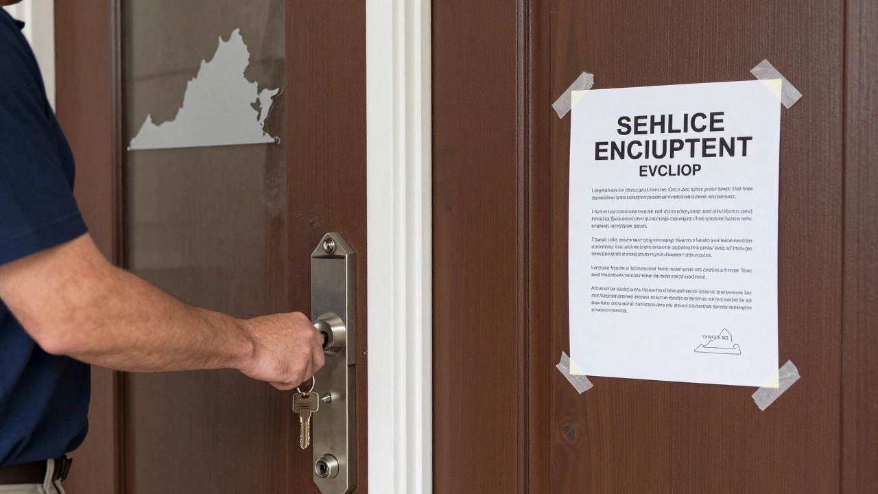 Split image showing a tenant entering a home and an eviction notice on the same door.