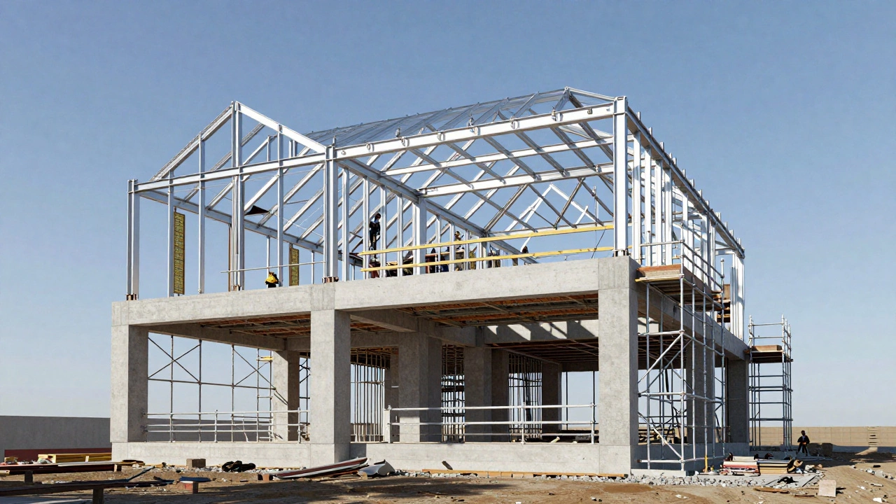 Steel frame and roof structure of a modern villa under construction.