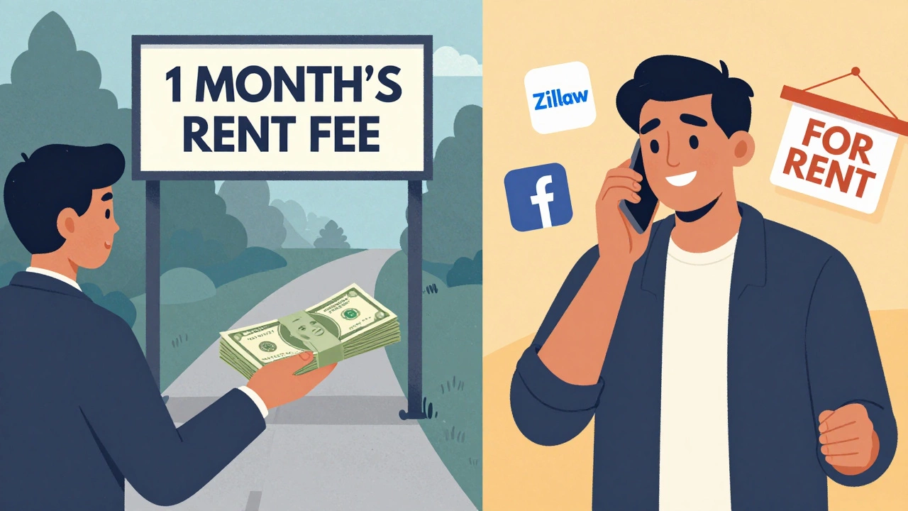 Two contrasting paths: one with paying a broker, the other with directly contacting a landlord via smartphone.