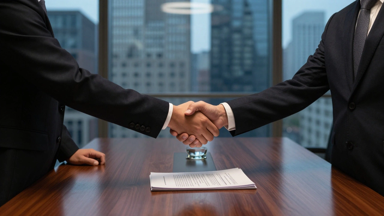 Two professionals shaking hands during a business meeting