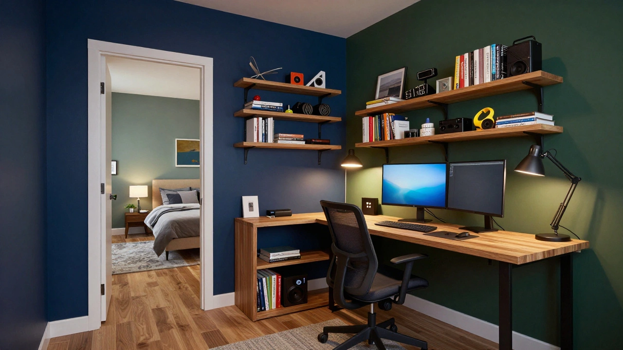 A 2BHK apartment with the second bedroom used as a professional home office and hobby room.