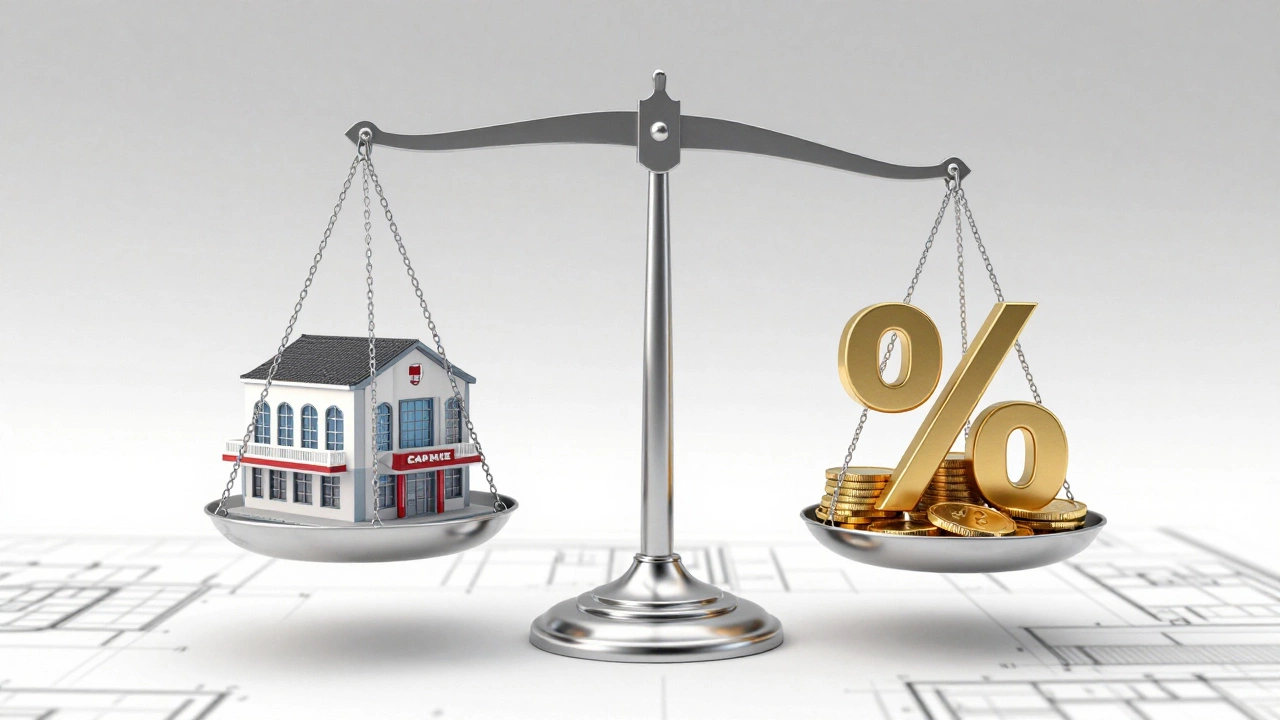 A balance scale comparing a retail building model with gold coins and a percentage symbol