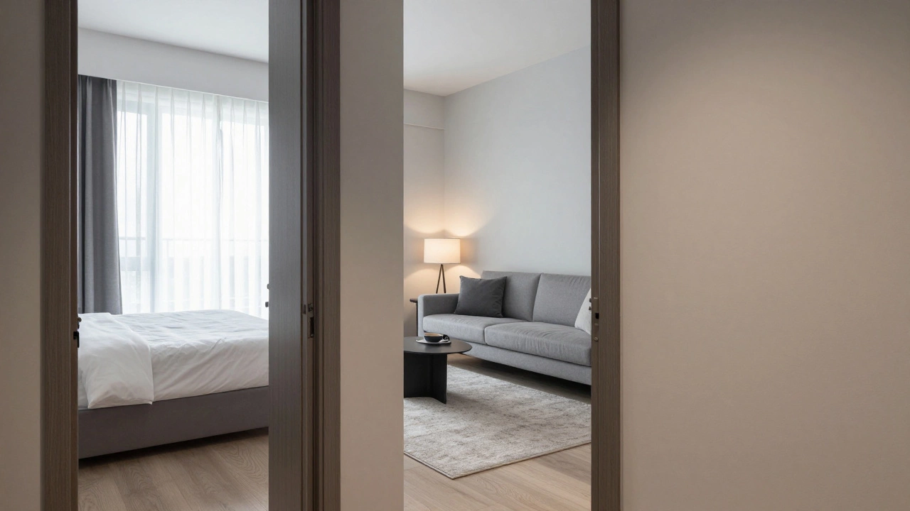 A modern one-bedroom apartment showing the separate living room and bedroom entrance.