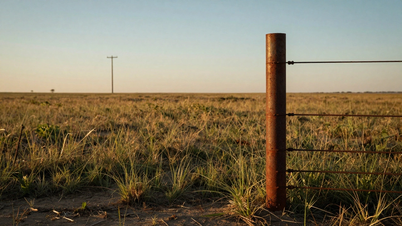 A remote, unimproved plot of Texas land with a distant power pole.