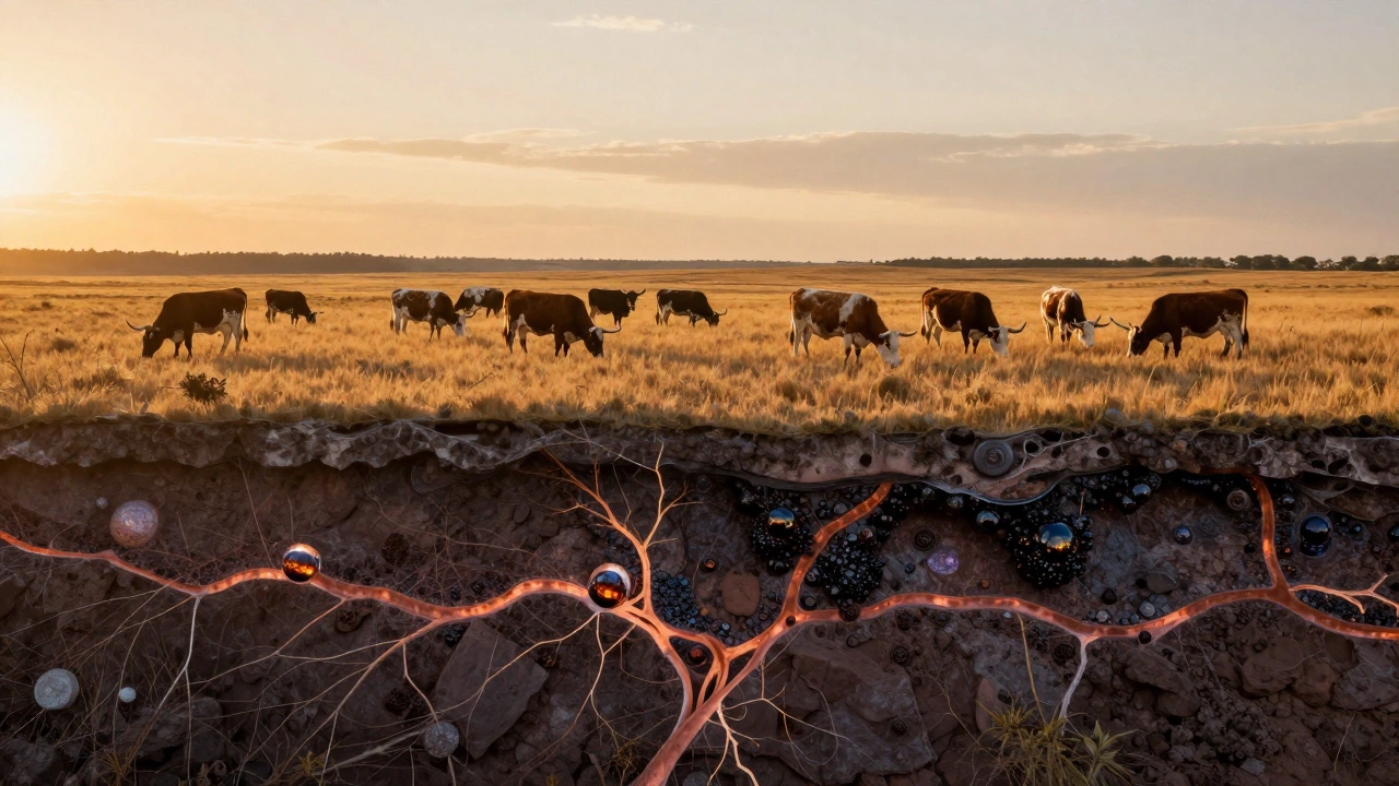 Conceptual image showing cattle grazing on the surface and oil minerals beneath the ground.