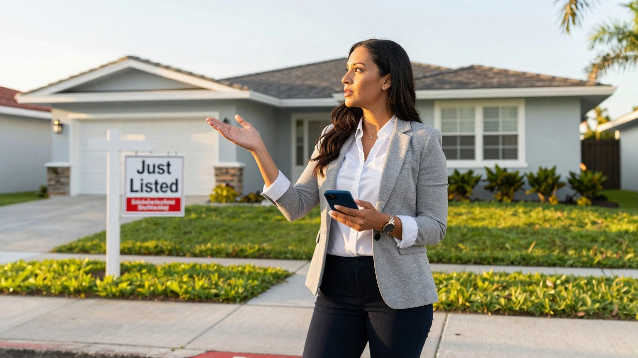 Confident real estate agent standing next to a listed home in a sunny Florida neighborhood