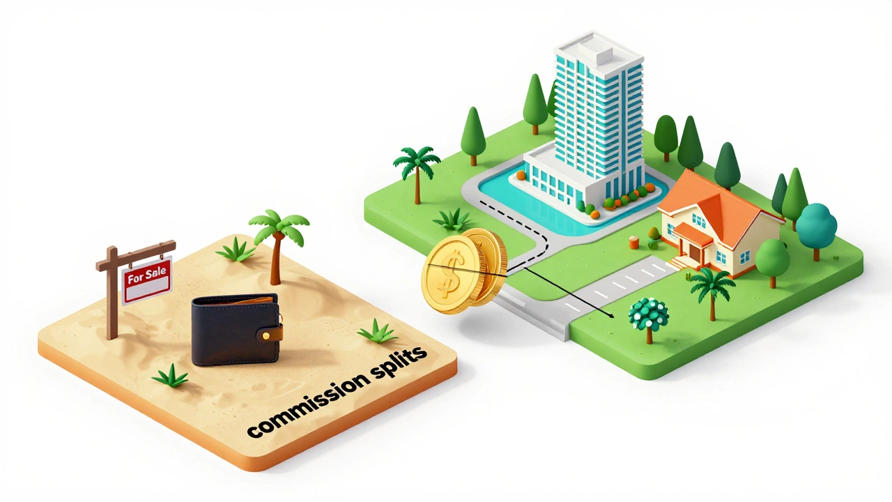 Isometric illustration showing the path from zero earnings to successful real estate commissions