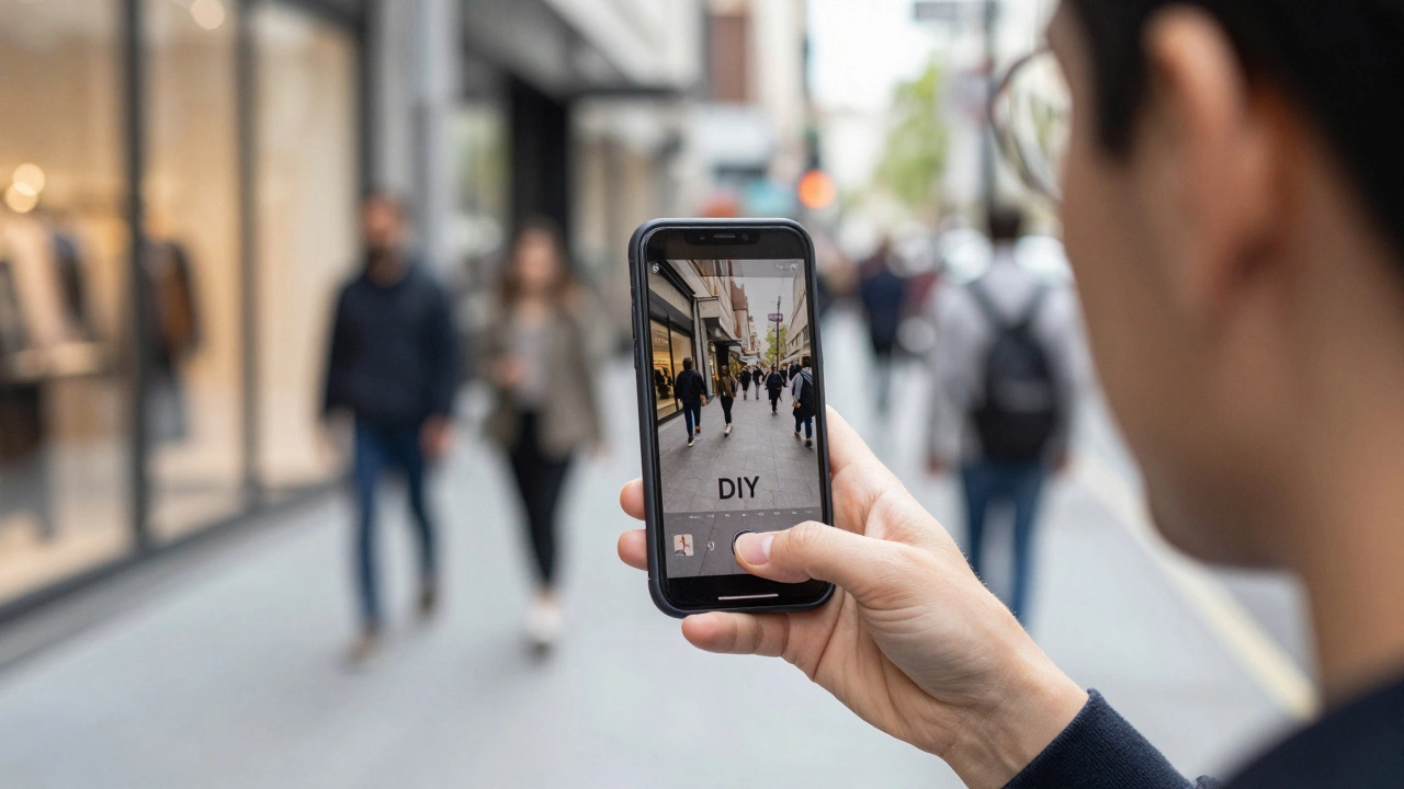 Agent filming vertical video tour of busy retail storefront