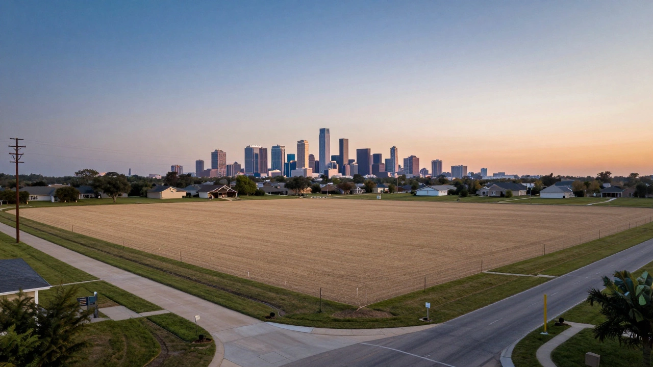 Buildable land plot near a Texas metro area with city skyline in the background.