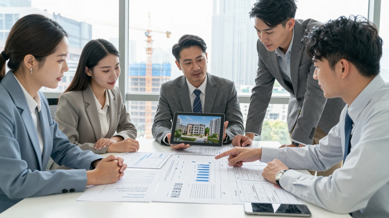 Business team reviewing property documents and financial data in a modern office setting.