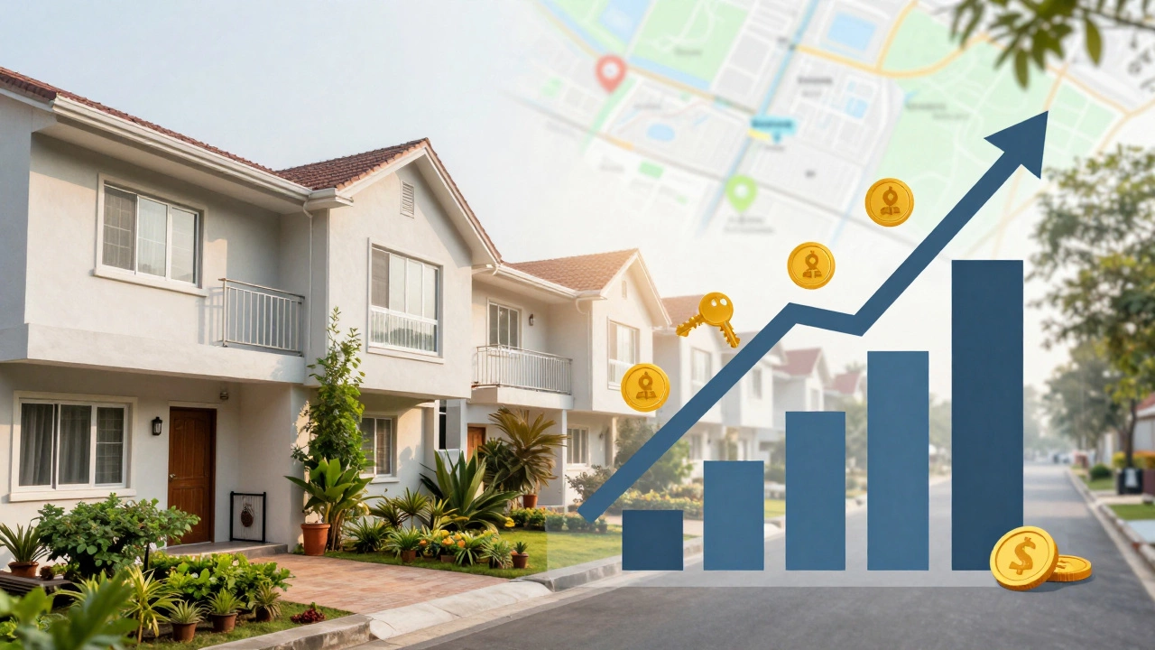 Duplex building with financial growth graphics showing rental income strategy