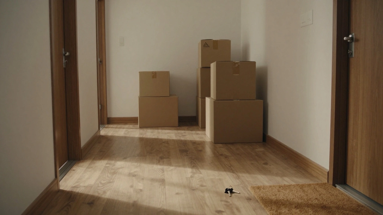 Empty apartment hallway with moving boxes and keys
