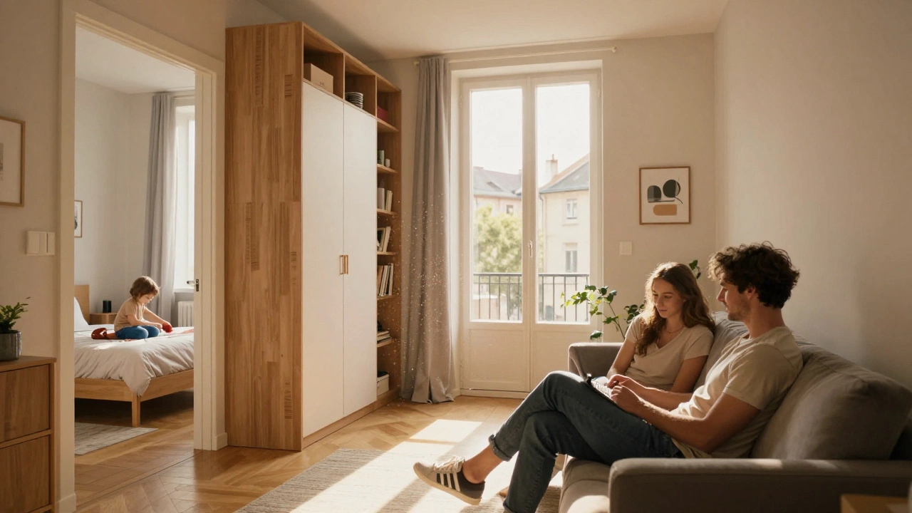 Family relaxing in a sunny T3 apartment with smart storage