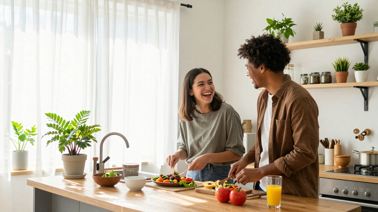 Friends cooking together in a bright shared apartment kitchen