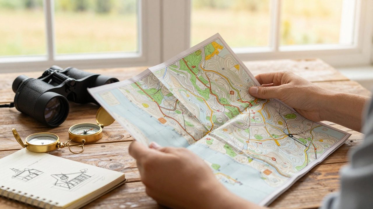 Hands holding a topographic map with binoculars on a wooden table