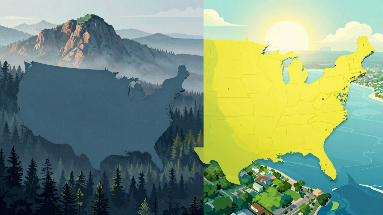 Illustration contrasting rugged affordable land with sunny growth areas