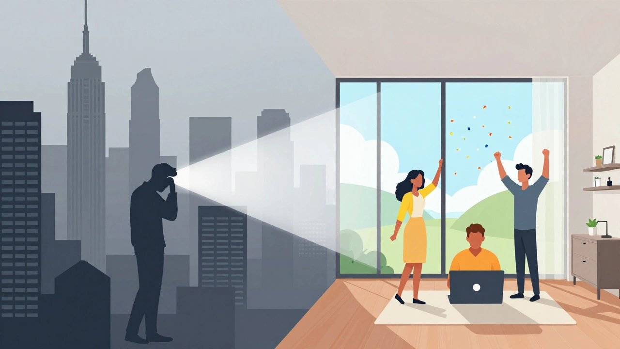 Illustration contrasting stressful city life with spacious affordable living