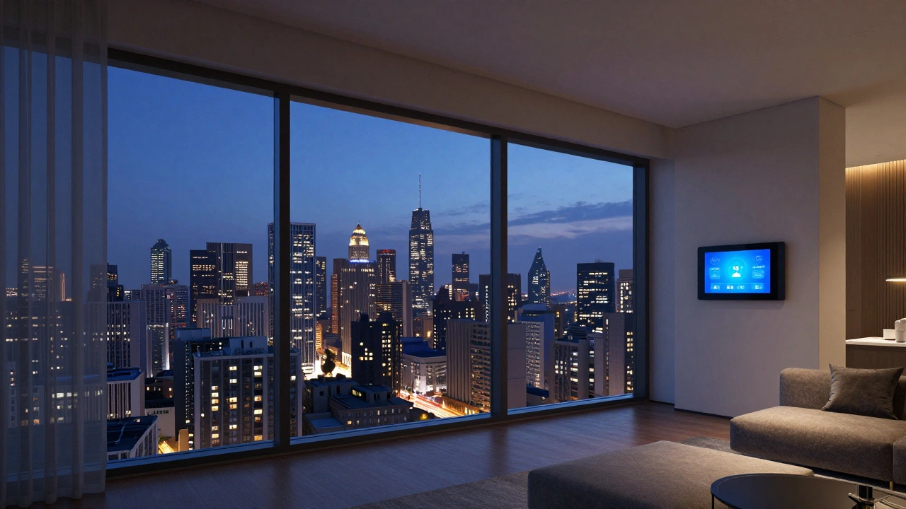 Luxury condo interior with city skyline view at dusk
