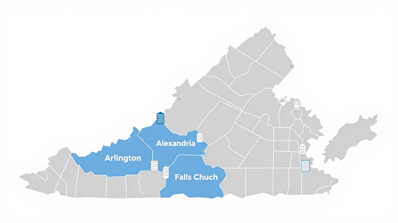 Map of Virginia highlighting rent control cities in blue