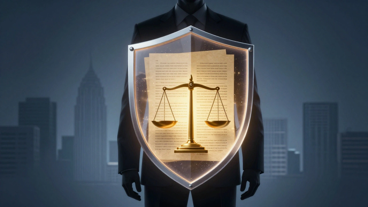 Person protected by shield of legal documents and scales
