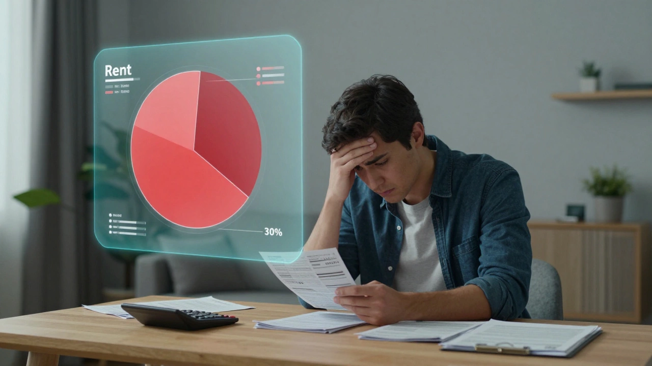 Person reviewing bills with floating budget charts showing high rent costs