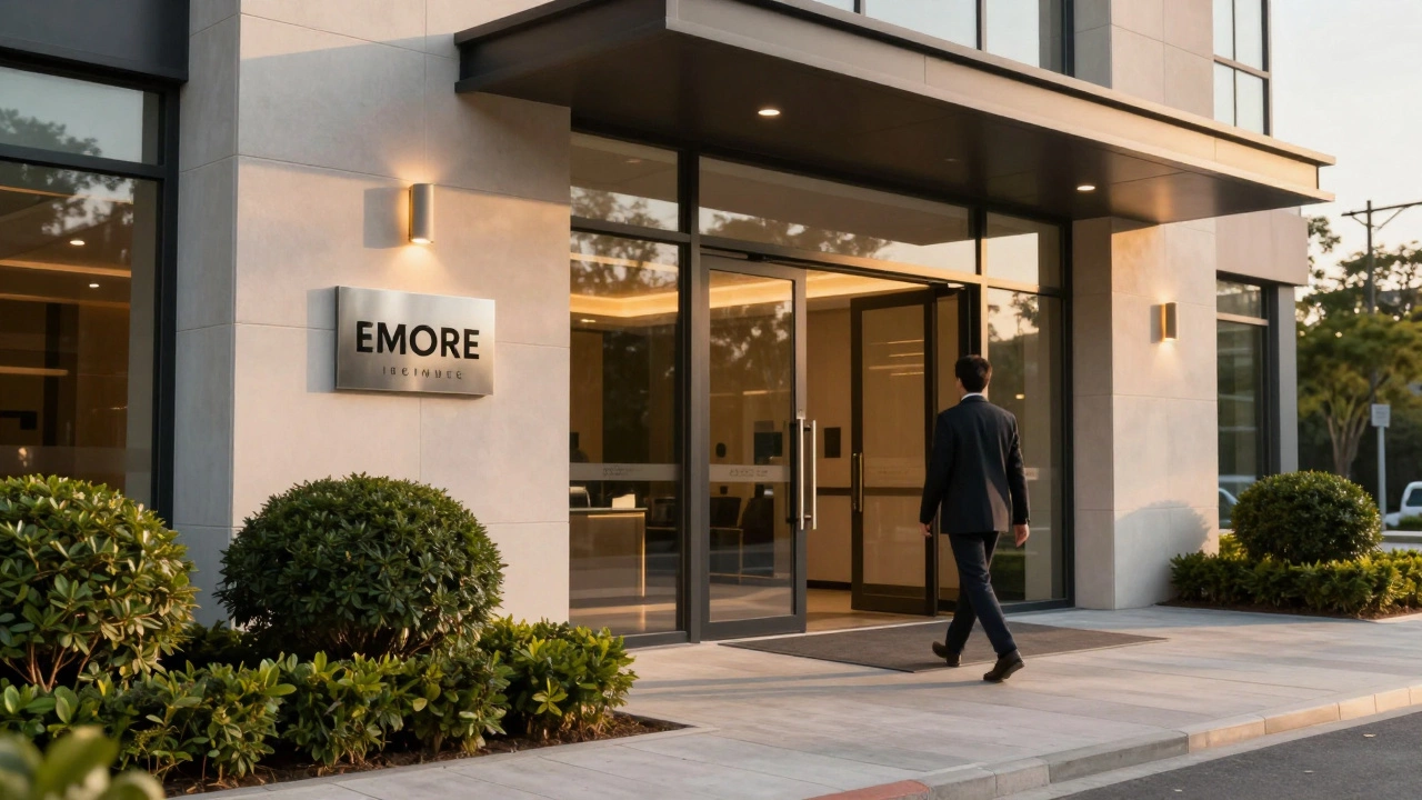 Pristine commercial building entrance with new signage, landscaping, and warm lighting.