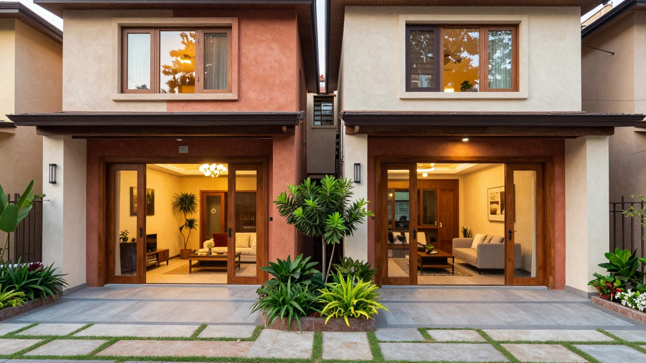 Semi-detached duplex homes with shared wall and private courtyards