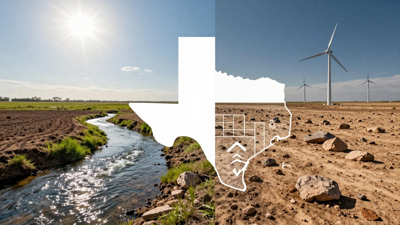 Split image showing fertile land with water versus dry land with wind turbines.
