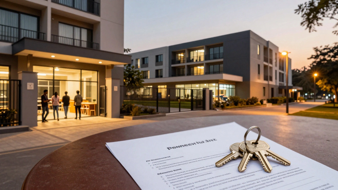 Student housing complex exterior with communal areas and security features