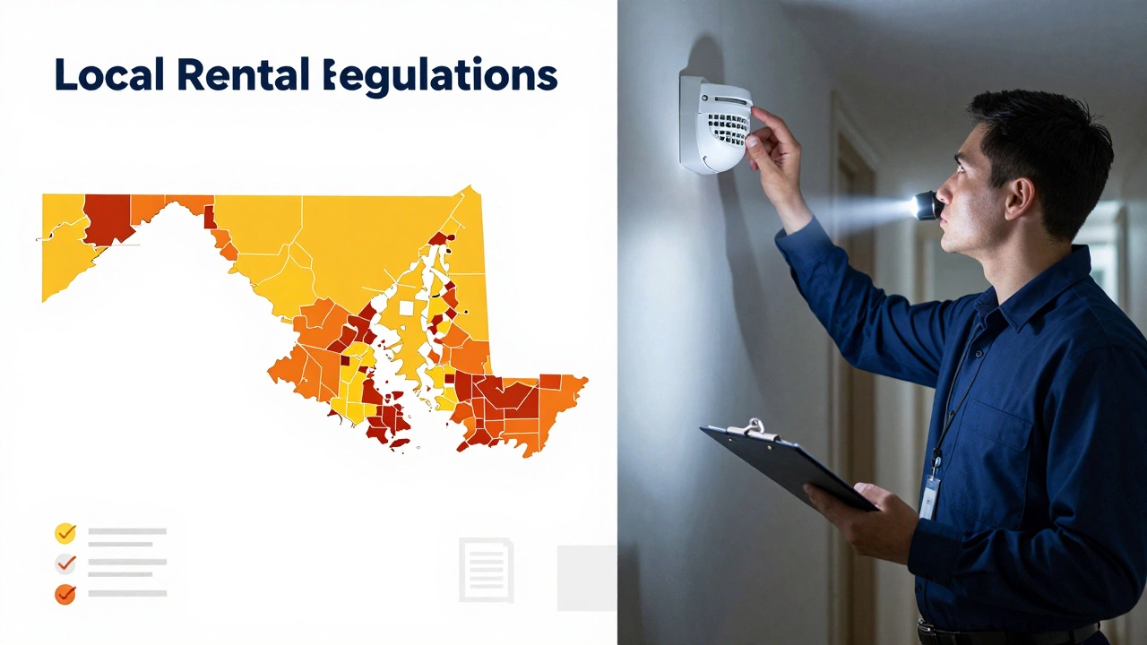 An inspector checking safety features in a rental property with a Maryland map overlay.