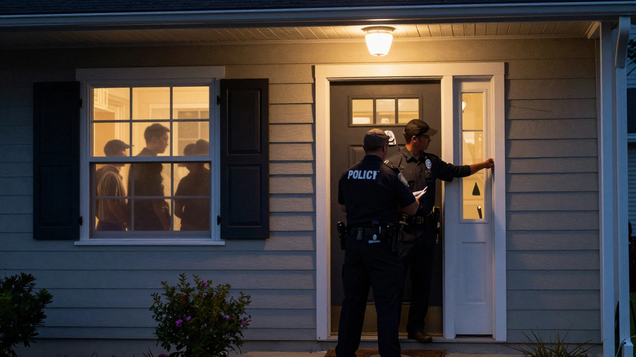 Code enforcement officer inspecting a residential property at dusk