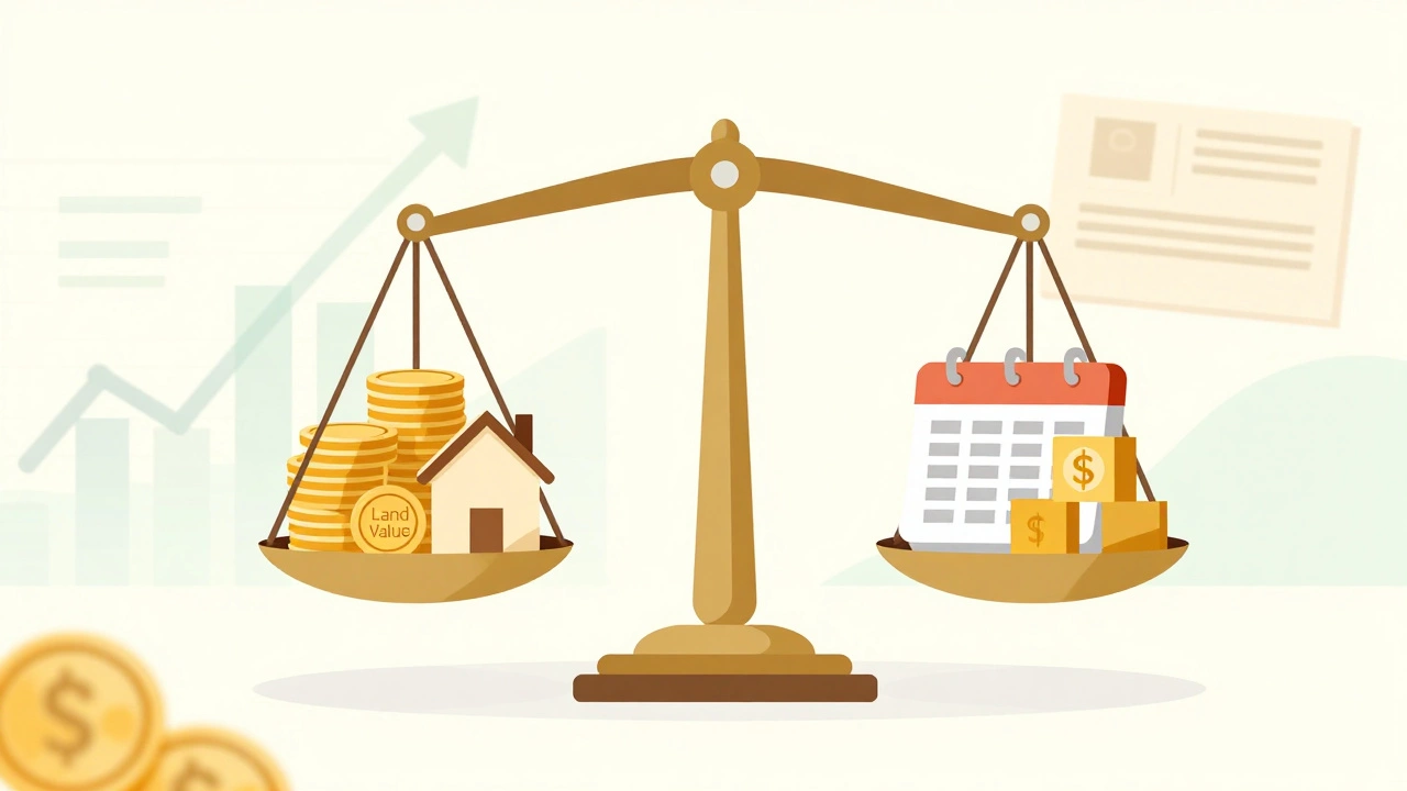 Conceptual balance scale comparing land value against monthly condo fees