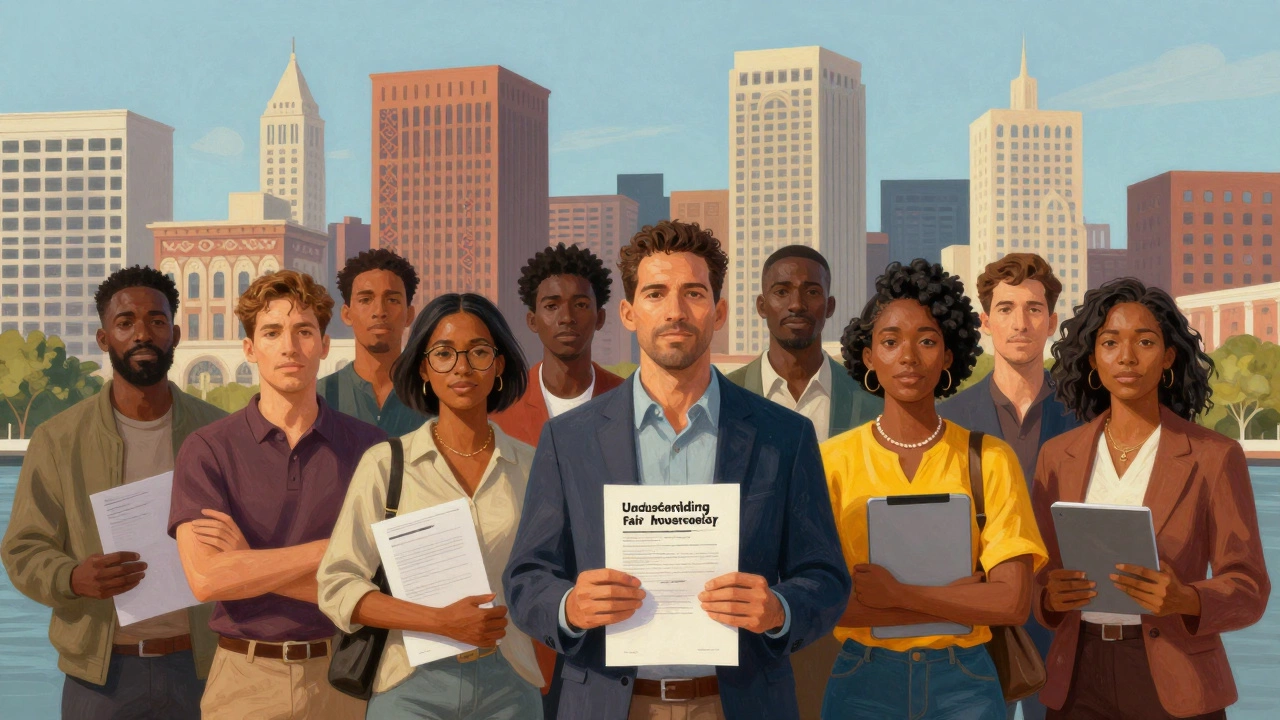 Diverse group of empowered renters holding documents against a city skyline