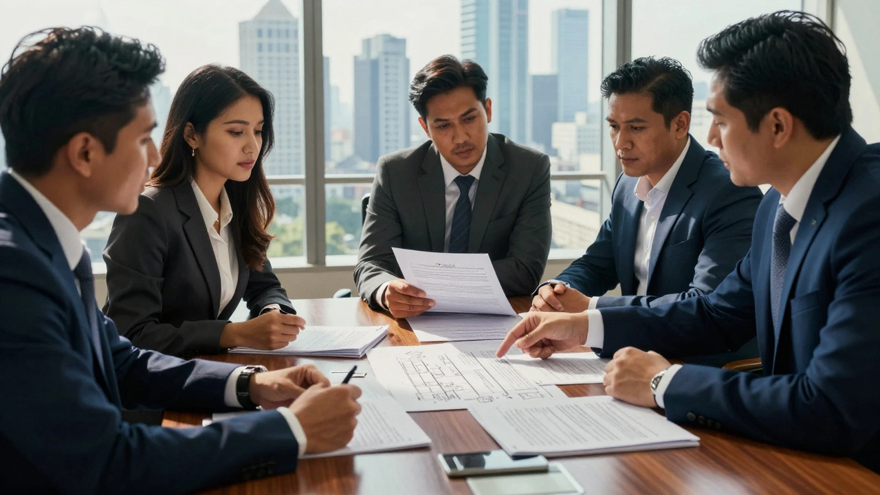 Investors reviewing lease documents in a high-rise office