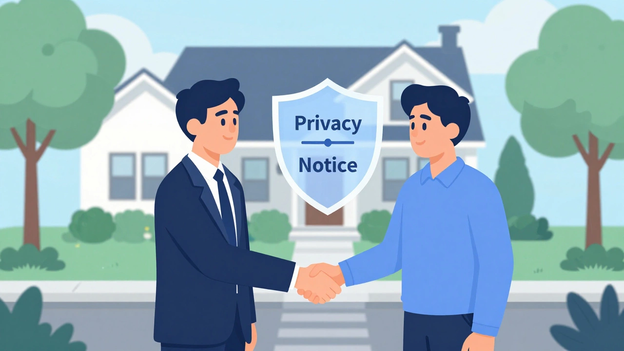 Landlord and tenant shaking hands with a shield symbolizing privacy rights