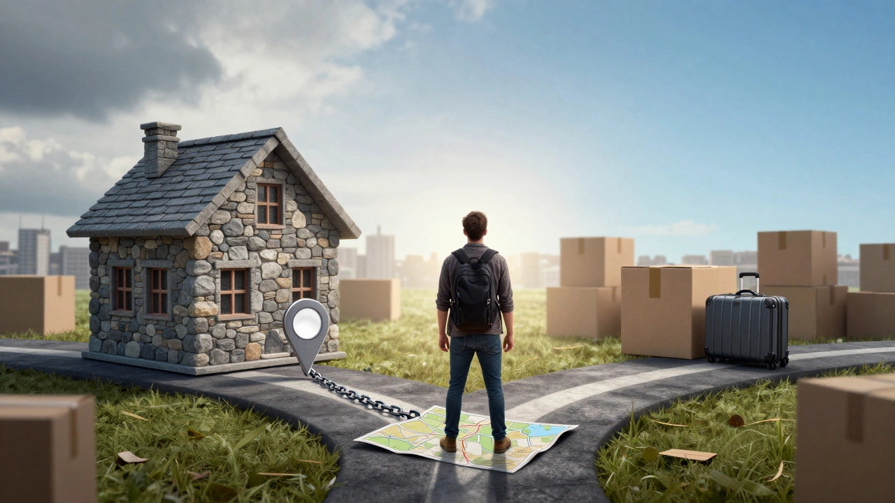 Metaphorical scene showing choice between fixed homeownership and flexible renting options.