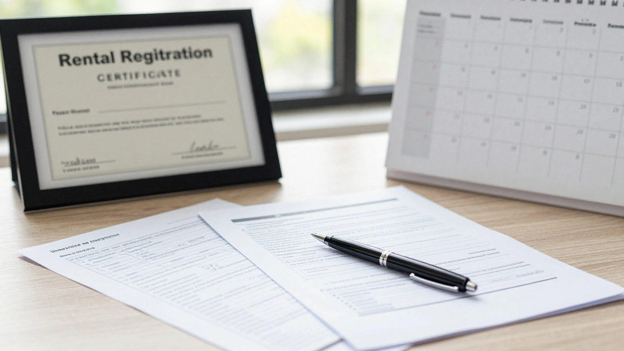 Organized landlord paperwork including a registration certificate and calendar on a desk.